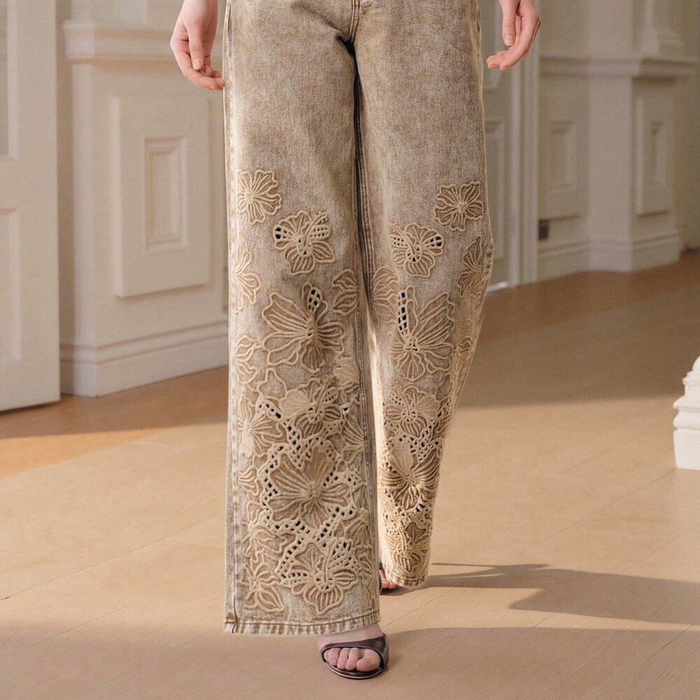 Khaki Boho Women's High Waist Embroidered Pants - Picture 6 of 6